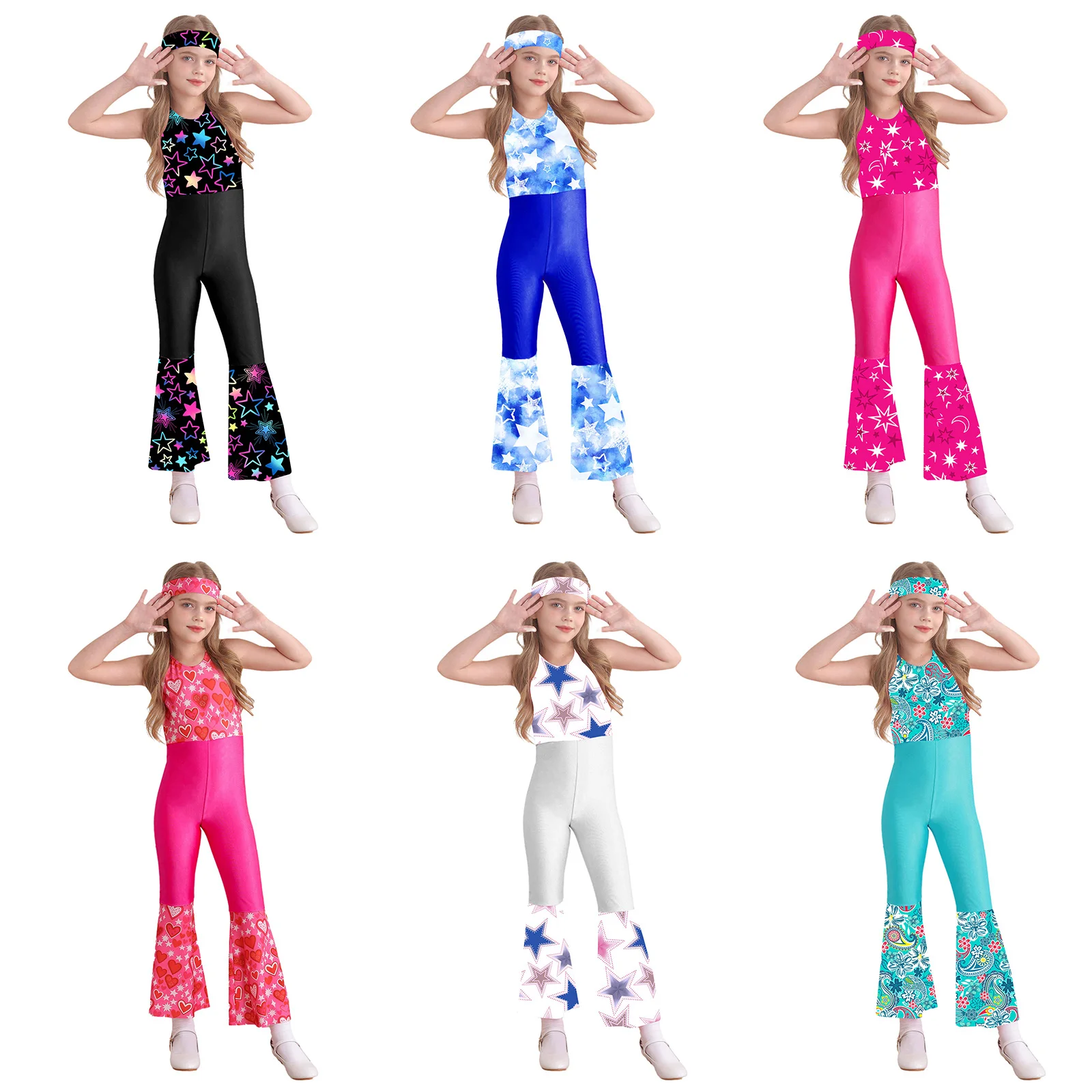 Kids Girls 70s Disco Hippy Jumpsuit Costume Jazz Dance Carnival Halloween Cosplay Dress Up Sleeveless Bell Bottoms with Headband