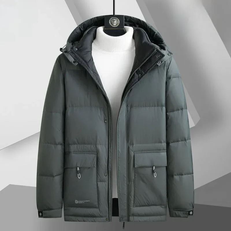 New Men Down Jacket Winter Coat Mid Length Version Loose Parkas Thicken Warm Plus Size Outwear Hooded Leisure Overcoat