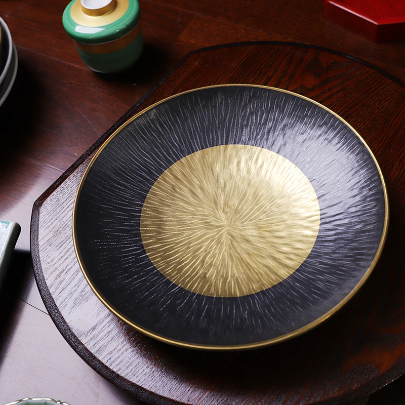 

Black Ceramic Retro Steak Plate, Simple Gold Restaurant Western Food Plate, Plain Fish Plate, Salad Plate