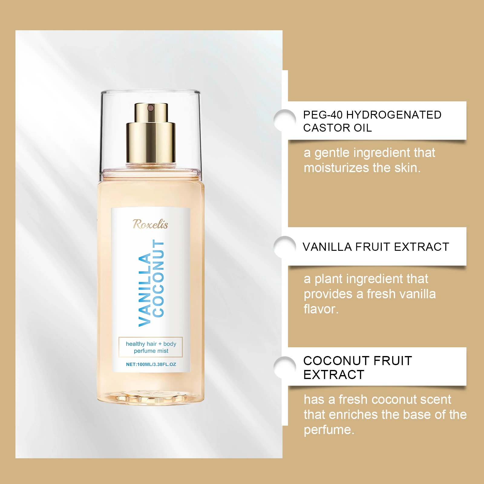 록셀리스 바닐라 코코넛 바디 미스트 - 유니섹스 롱래스팅 향수, 휴대용 헤어 & 바디 스프레이 (데일리 사용)