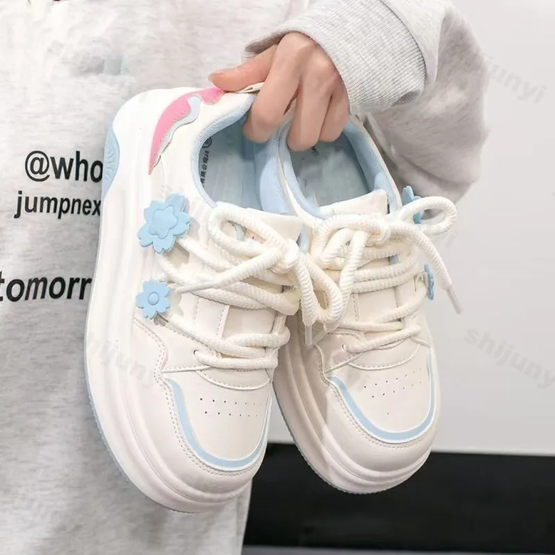 Women Height Increasie Casual Shoes 2025 Autumn New Fashion Cute Flower Platform Flats Comfortable Cross Tied Non Slip Sneakers