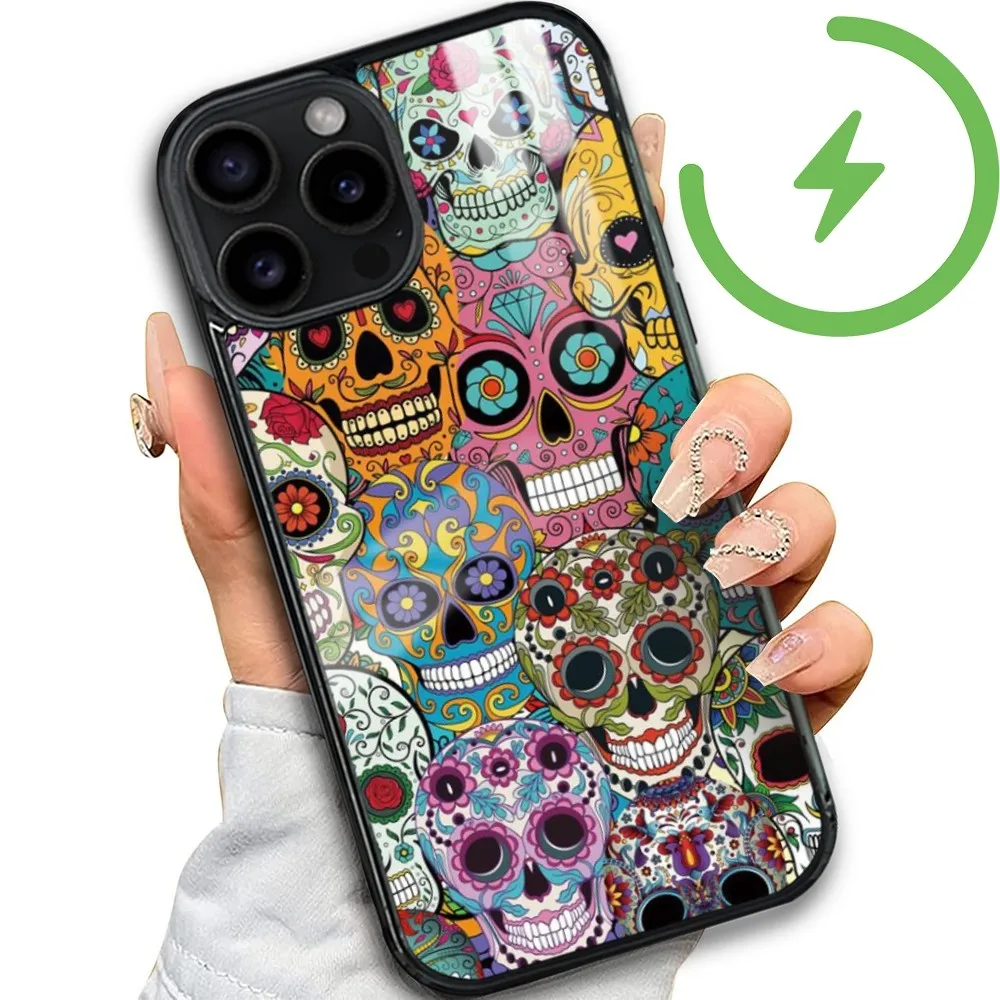 Sugar Skull Magnetic Phone Case For iPhone 15 14 13 12 11 Pro Max Plus Mini Mirror Wireless Magnetic Cover Magsafe iPhone Case