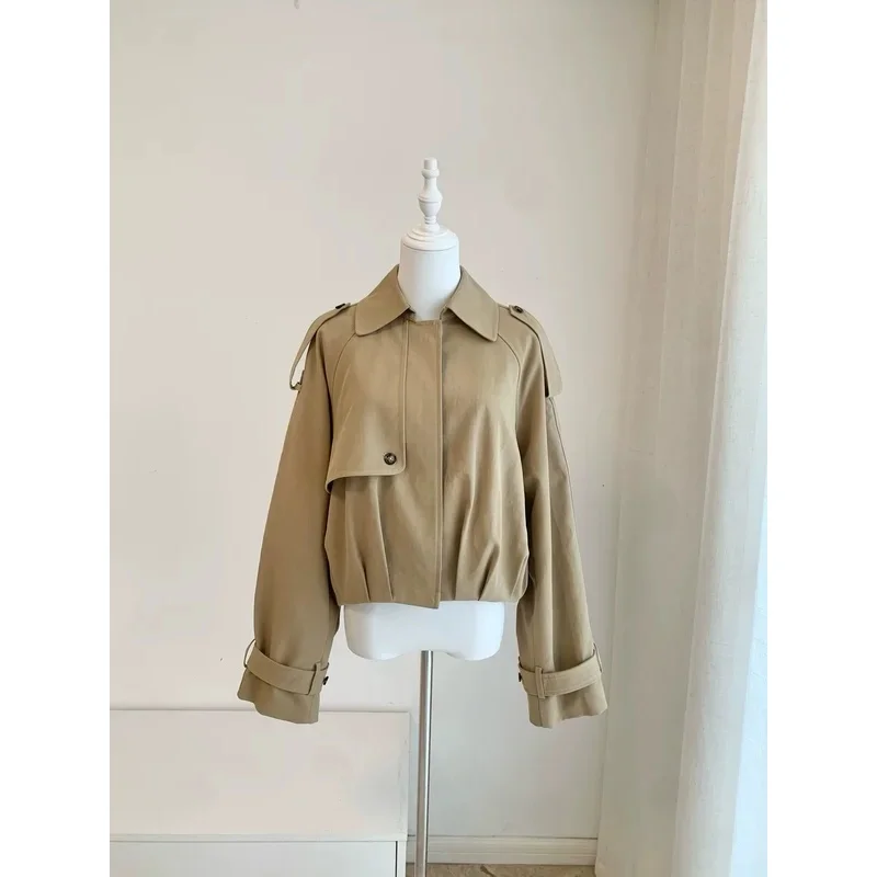 Autumn Women's 2-Color Casual Short Jacket Dropped Shoulder Long Sleeve Turn-down Collar Single Breasted Loose Female Coat