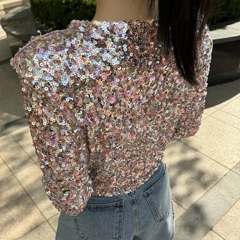 

Elegant Slim Pullover Sexy V Neck Long Sleeved Women Club Party Top Early Fall Sparkling Sequin Single Breasted Fashion T-shirt