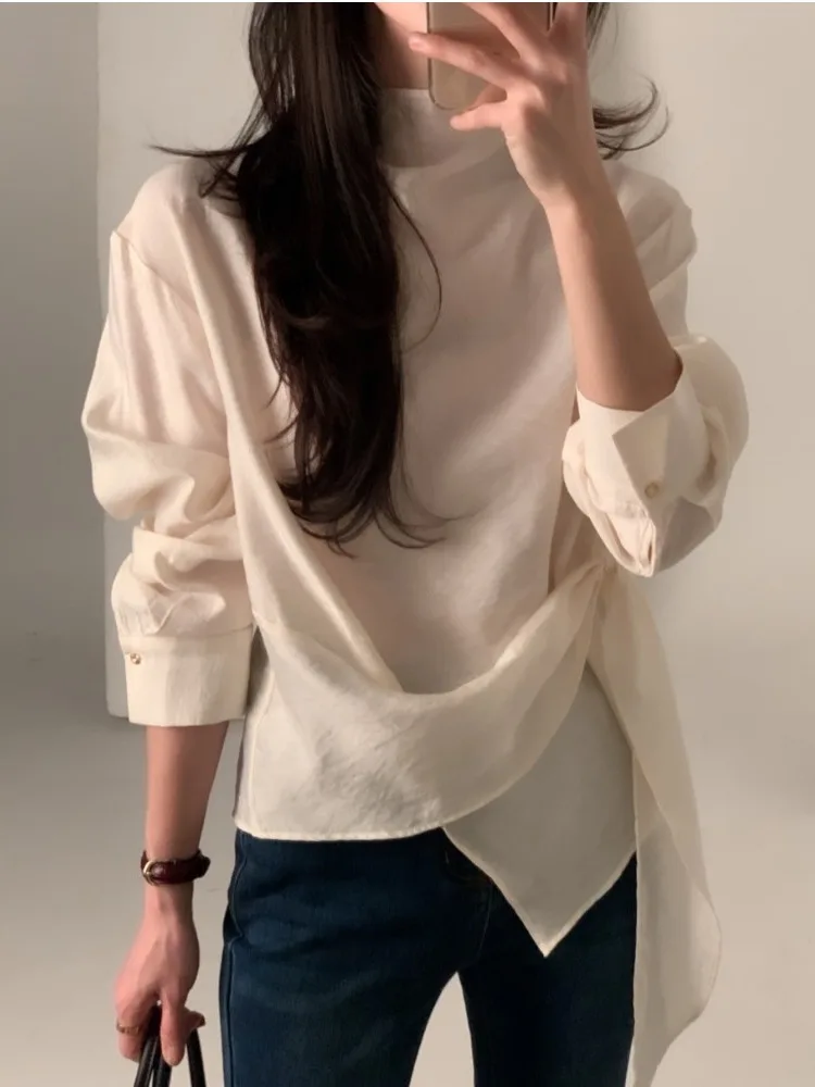 

Ele Asymmetric Women's irt Spring Faion Item High-End Feelment Wrinkled Korean Sle Long Sve Thin Fabric Girl