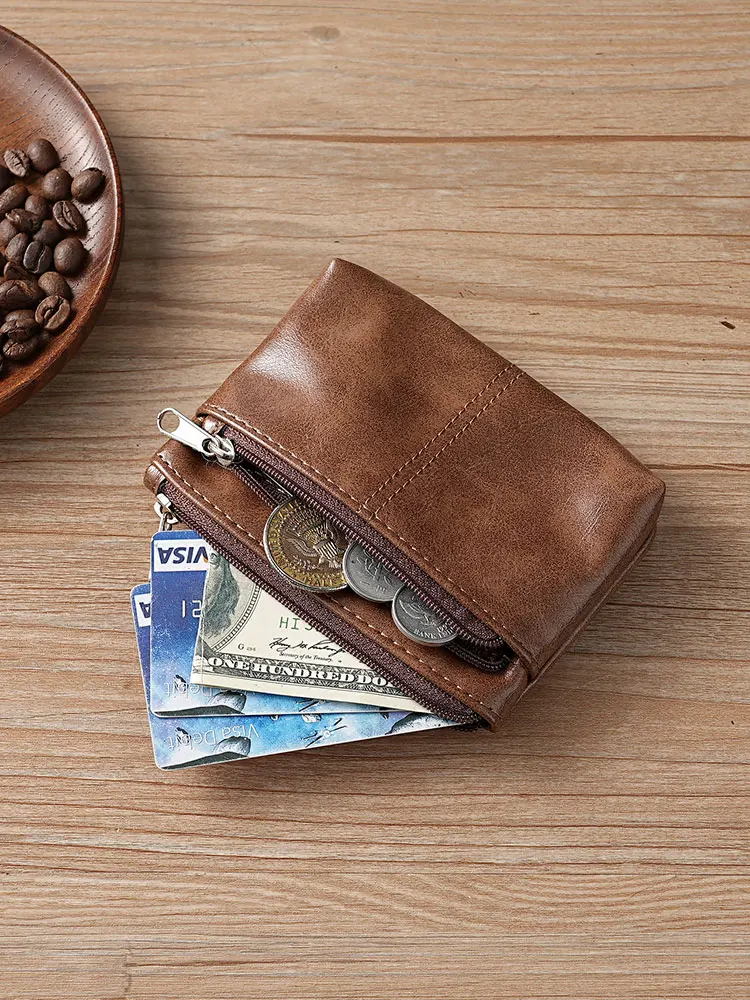 

Кошелек для визитных карточек из натуральной кожи, винтажный, простой, на молнии, для монет, с держателем для ключей, из ПУ-материала, с жесткими углами, молодежный мужской кошелек