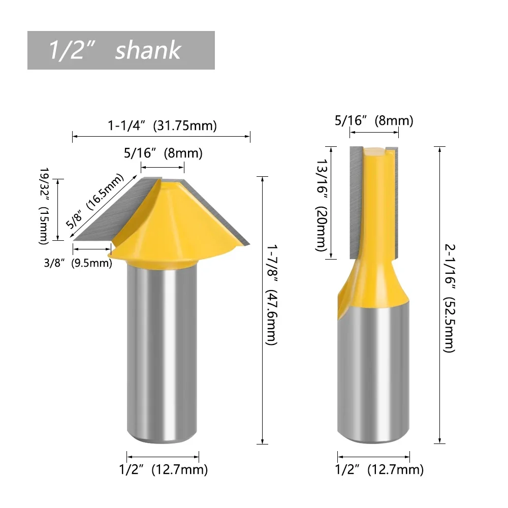 2 Pcs 12mm 1/2 Carbide Tenon Cutting Bits Knife Flat-bottomed V Shape Milling Cutters Router Bit for Wood Door Window Milling