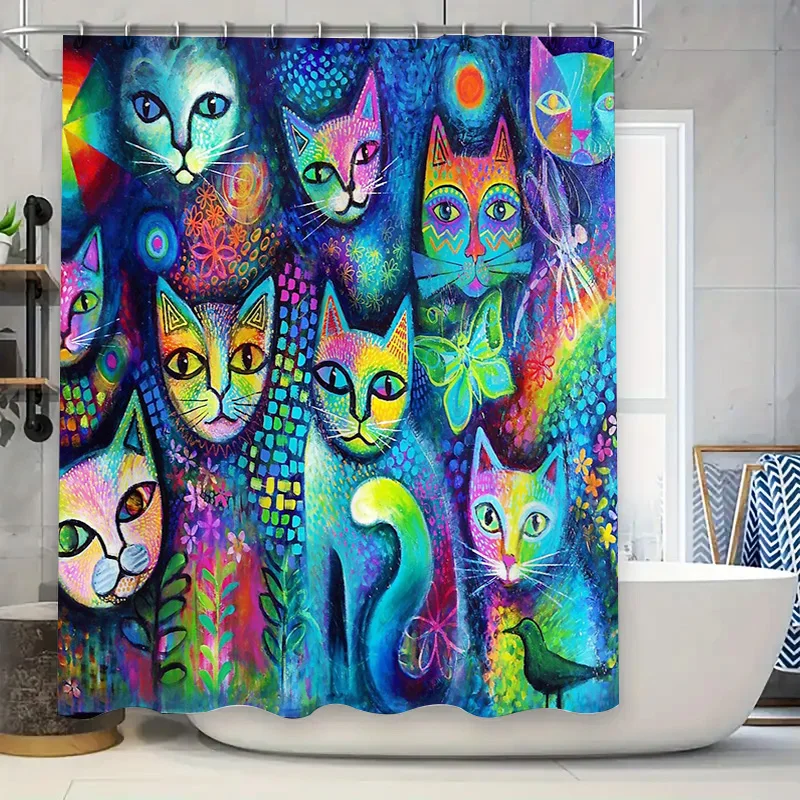 

Занавеска для душа с изображением кошки, художественный декор для любителей животных, современный набор для ванной комнаты, водонепроницаемая подкладка, винтажный узор, украшение для дома, идея подарка
