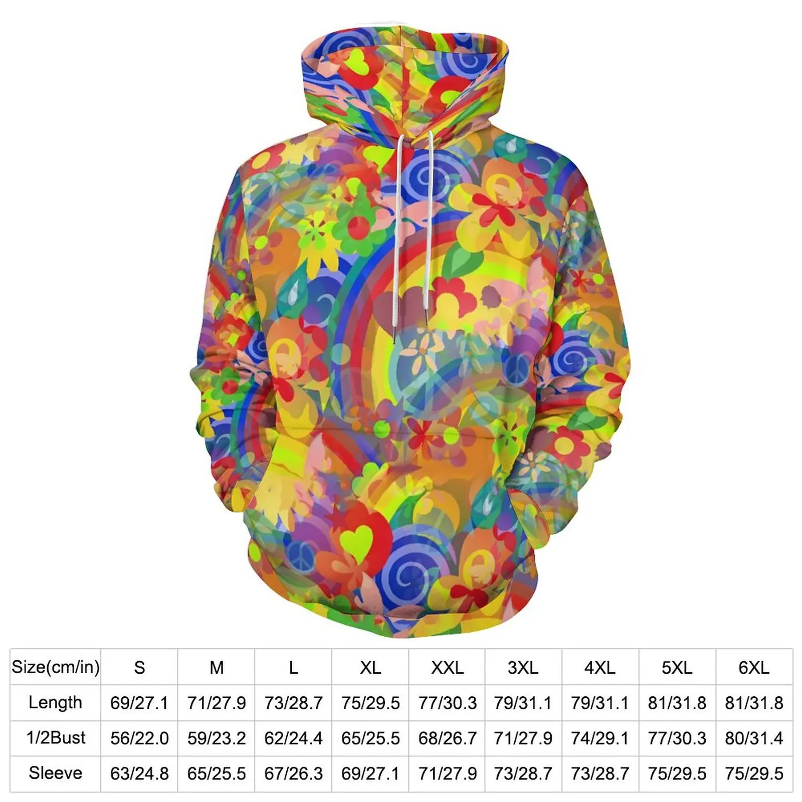 Flower Power Casual Hoodies Unisex Rainbow Print Aesthetic Custom Sweatshirts Winter Long Sleeve Loose Oversized Hoodie