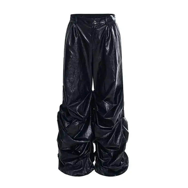 LUZHEN Stacking Pleated Wide Leg Casual Faux Leather Pants Spring Baggy Personalized Luxury Trendy Men\'s Trousers Street LZ7272