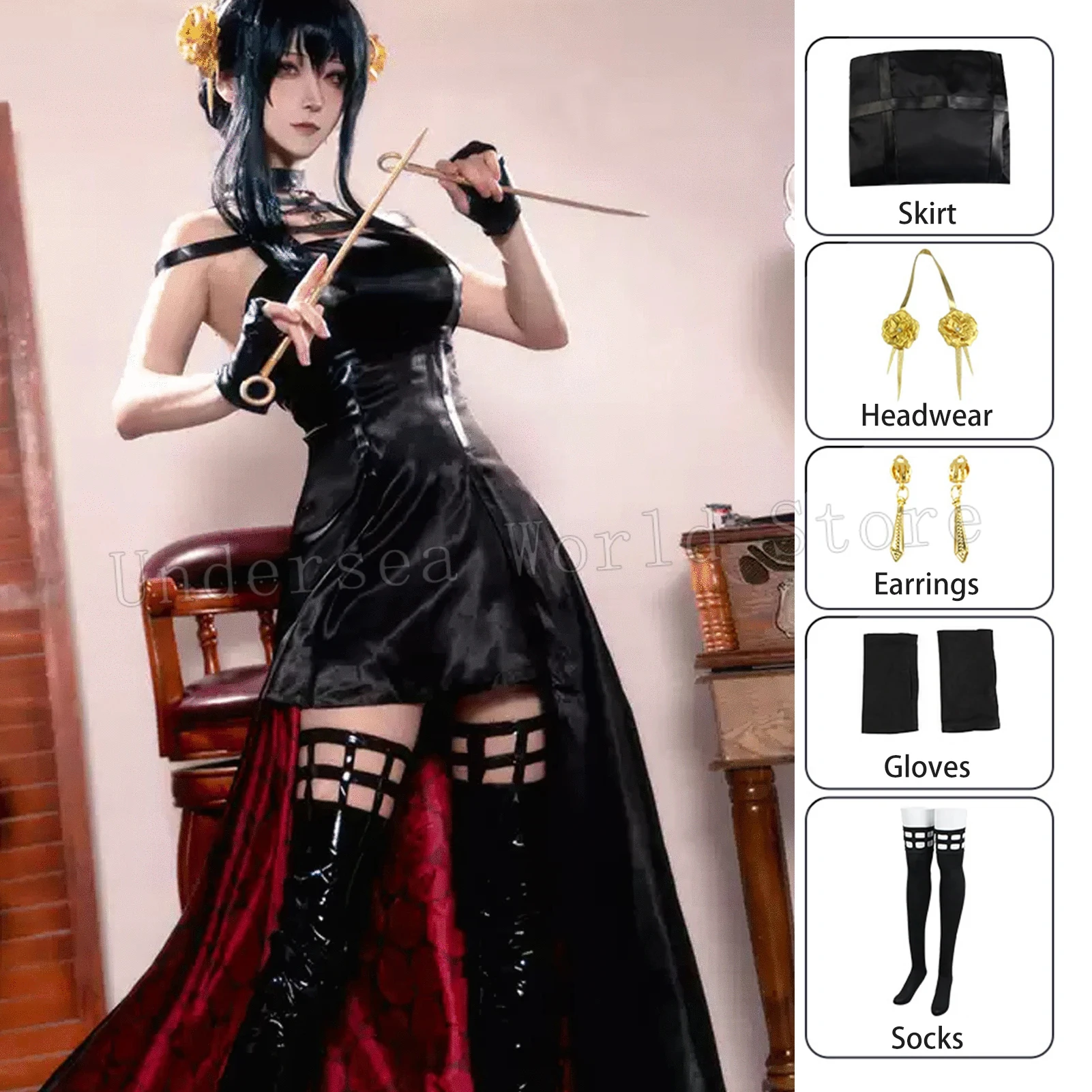 

Anime Spy X Family Yor Forger Cosplay Dress Suit Assassin Gothic Black Red Skirt Outfit Uniform Yor Briar Earring Headwear