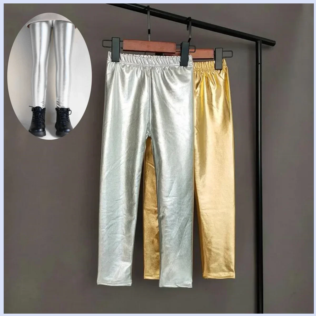 Gold Silver Legging Kids Pants Girls Spring Autumn Children Elastic Faux Leather Leggings Skinny Pencil Pants Girl Leggings