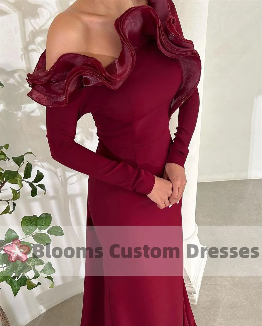 Blooms One-shoulder Burgundy Customized Prom Dress Ruffles Back Tail Formal Occasion Gown Long Sleeves Evening Dresses