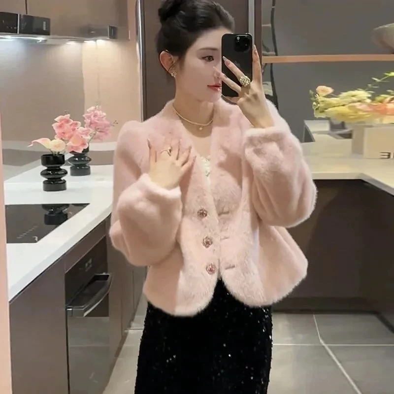 ملابس خارجية شتوية من الفرو من الجلد الكوري Sle ort Thiened V-Ne للنساء مصممة بشكل أنيق وElely