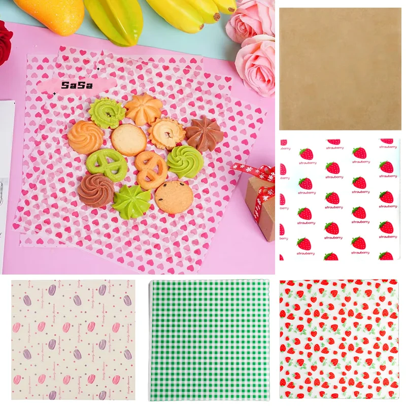50Pcs Food-Grade Baking Wax Paper Strawberry Floral Pattern Non-Stick Squares for Cake Burger Chips Wrapping