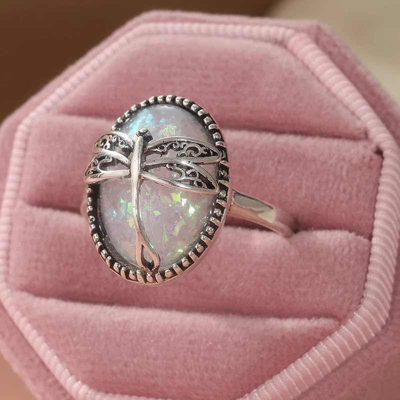 Vintage Silberfarbene Imitierte Opal-Libellen-Ringe für Damen Party Tägliches Tragen Schmuck – Detail 2