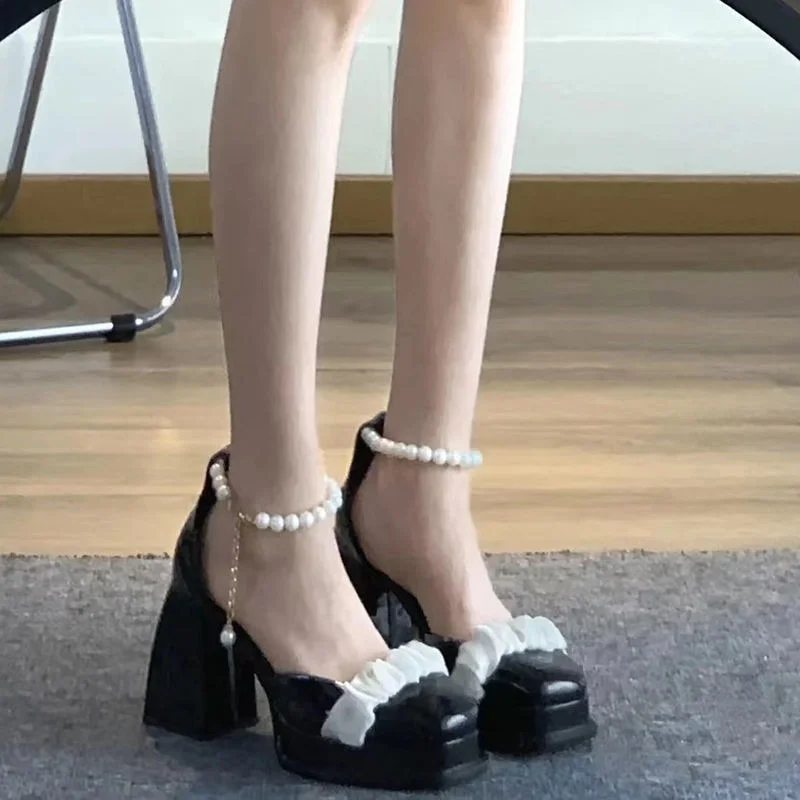 New Summer Shoes Platform Women Sandals String Bead Classics Solid Square Toe High Heels Shoes Designer Fashion Non-slip Vintage