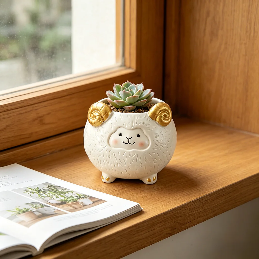 Cute Sheep Resin Succulent Planter Pot Mini Animal Flower Pot for Home Office Desktop Decor Gift