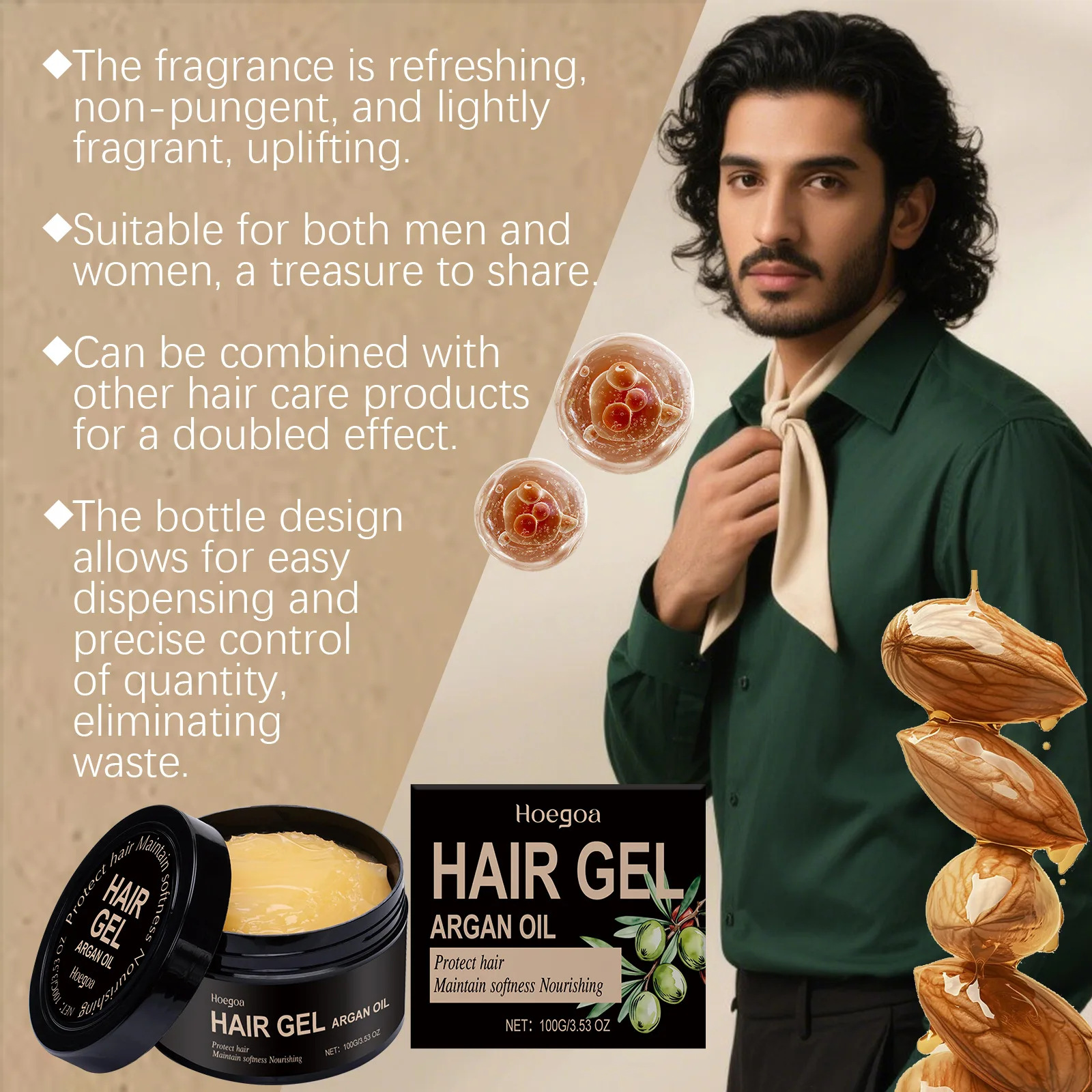 HOEGOA زيت الجوز المغربي جل تصفيف الشعر يحافظ على تشكيل سطع موستر القضاء على التجعد إبقاء السلس رجل امرأة تصفيف الشعر كريم