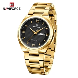 Naviforce relógio de pulso masculino, aço inoxidável, pulseira dourada, quartzo, à prova d'água, com data, luxo, para homem