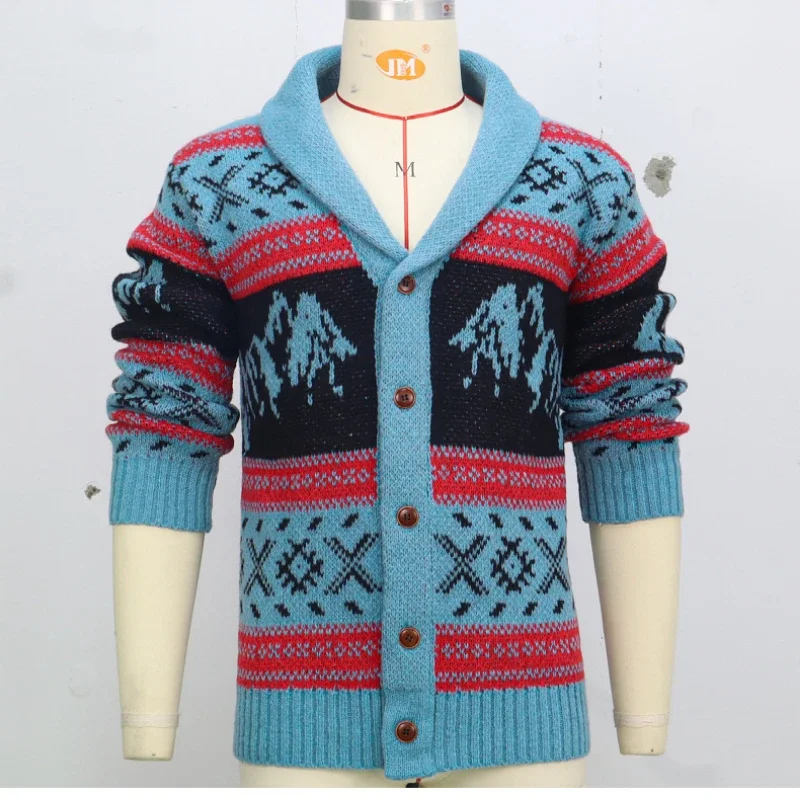 Luxury Vintage Jacquard Knit Jacket Outdoor Knitted Cardigan Sweaters Lapel Autumn Coat Men's Clothing High Quality Outerwear