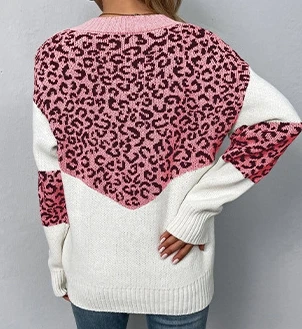 Vintage Women's Winter Sweaters V-Neck Contrasting Leopard Print Knit Pullover Loose Long Sleeved Elegant Casual Knit Sweater