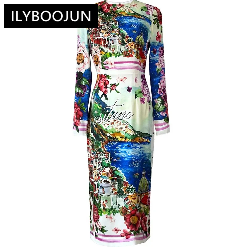 

ILYBOOJUN Fashion Designer Autumn Silk Pencil Dress Women O-Neck Long Sleeves Painting Landscape Print Vintage Slim Slit Dress