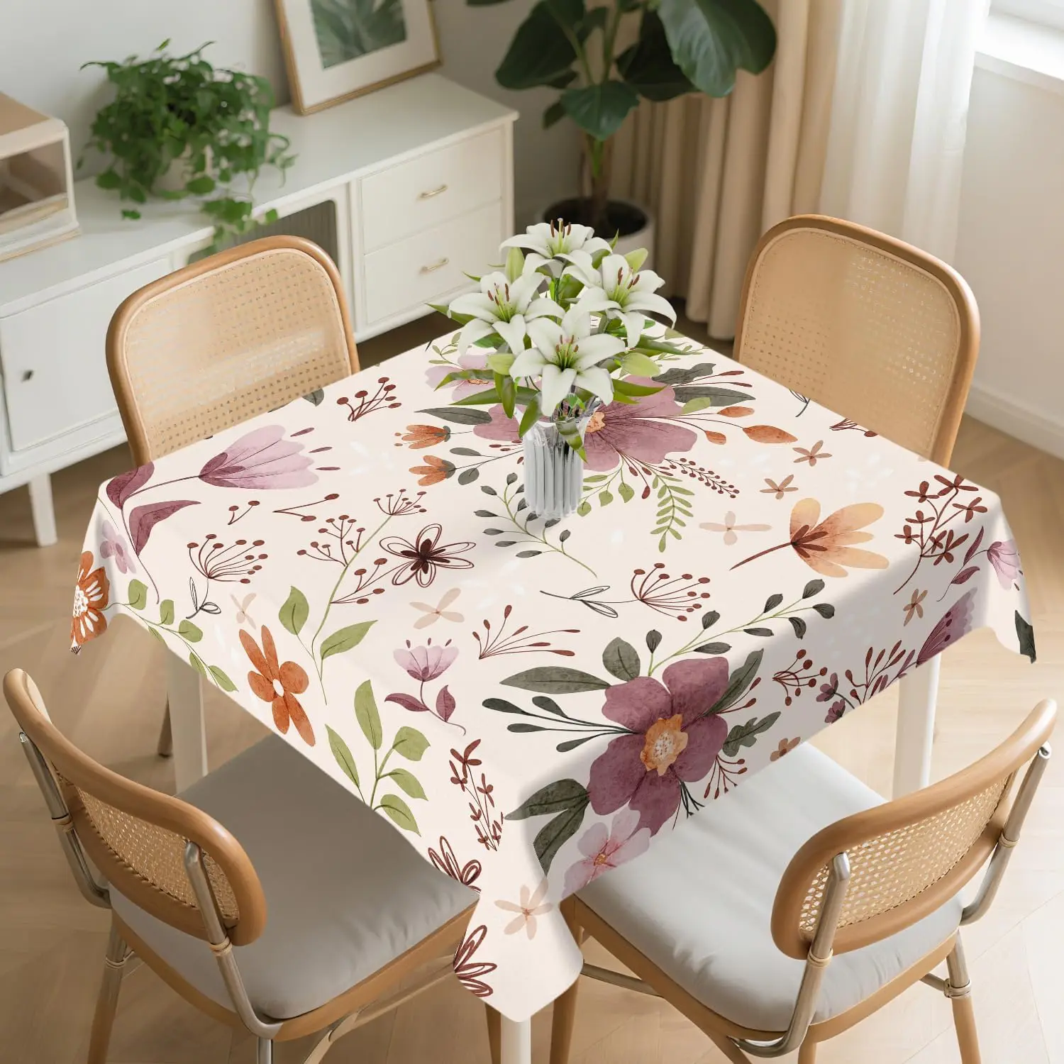 Vibrant Blooming Flowers Square Tablecloth Washable Botanical Floral Decorative Table Cloth Cover for Dining Party Picnic