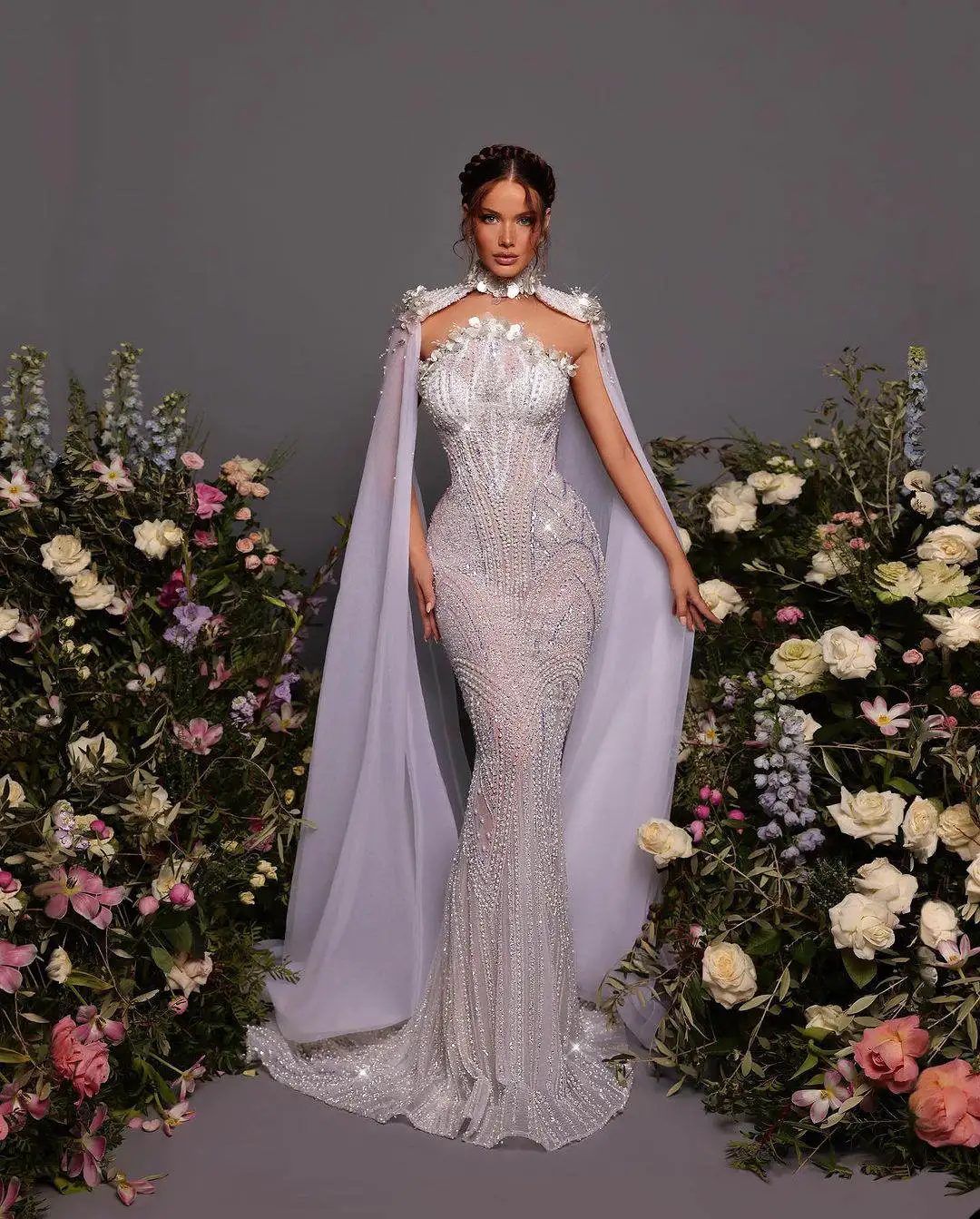 Fashion Mermaid Wedding Dresses For Women High Collar Wrap Sleeveless Bridal Gown Pearls Sequins Sweep Train Customized Dress