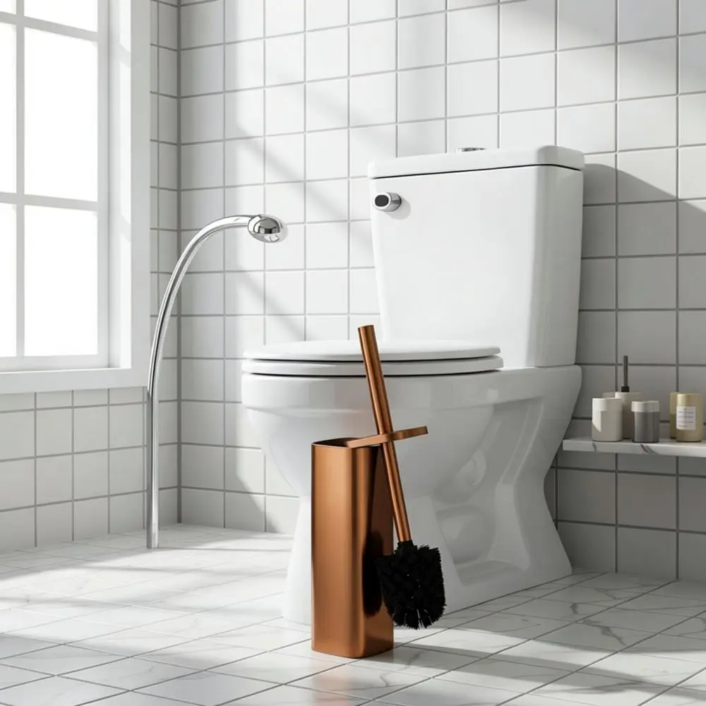 Premium Gold Toilet Brush And Holder Set Stainless Steel Modern Bathroom Cleaning Supplies Floor Standing Space Saver