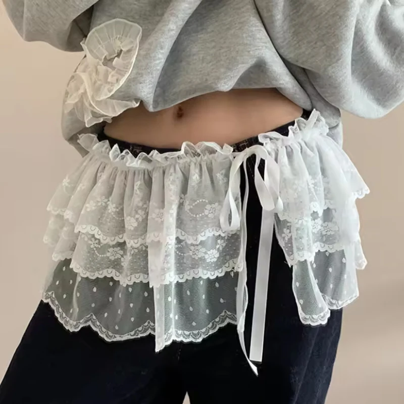 Falda Irregular de encaje de moda coreana, cortina de flores blancas, falda de medio cuerpo de malla de encaje, pantalones vaqueros de verano para mujer, cinturones