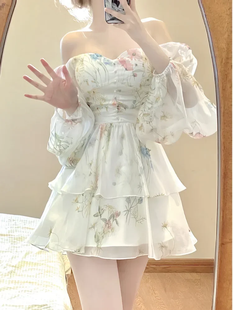 French Elegant Floral Mini Dress Chiffon Long Sleeve Evening Party Dress Women Holiday Beach Boho Fairy Dress Korean 2025 Robes