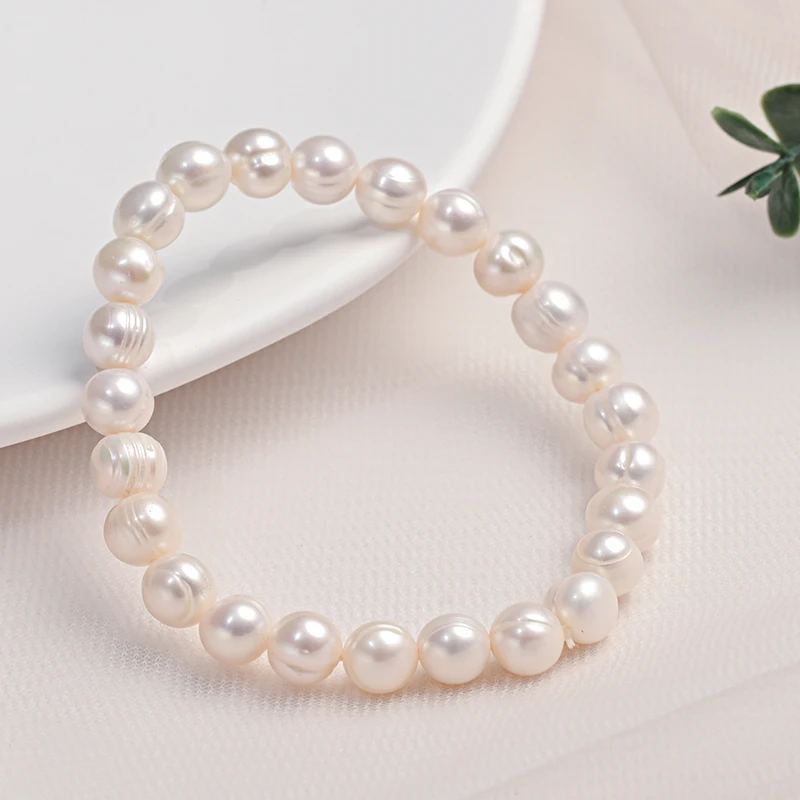 8-9mm Natural Freshwater Pearls Baroque Punch Screw Thread Elastic Rope Pearl Bracelet Simple Fashion Jewelry Gift for Women