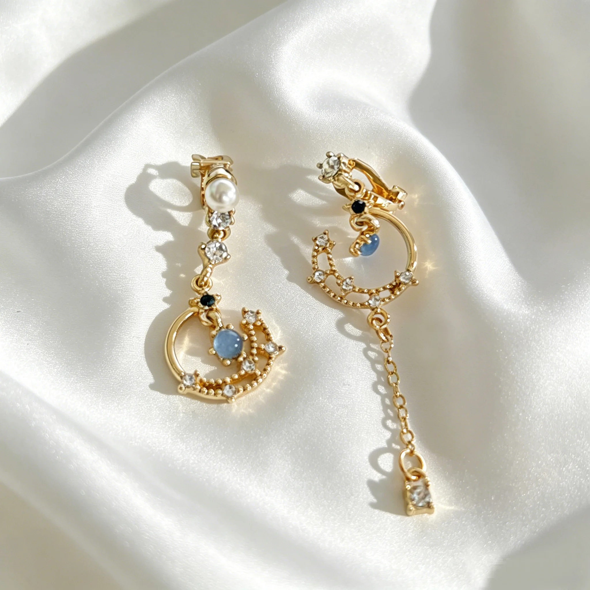 Korean Style Shinny Star Long Tassel Earrings Ear Clips Simple Cute Long Pearl Star Clip on Earrings for Women party No Piercing