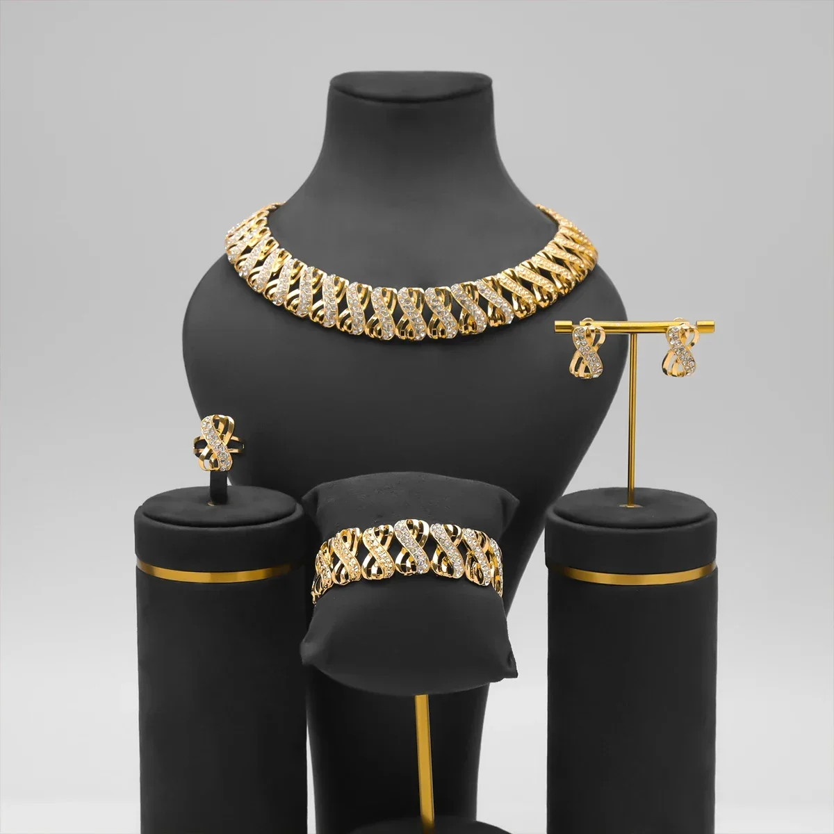 Fashion 18k Gold Plated Jewelry Set Dubai African Choker Necklace Earrings Rings Wedding Bridal Jewellery Sets for Women