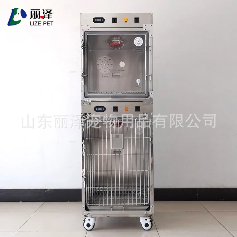 Airow Pet Intensive Care Cage 304 Stainless Steel 2-layer 2-door with Wheel Red Warm Light Variable Temperature Oxygen Cage