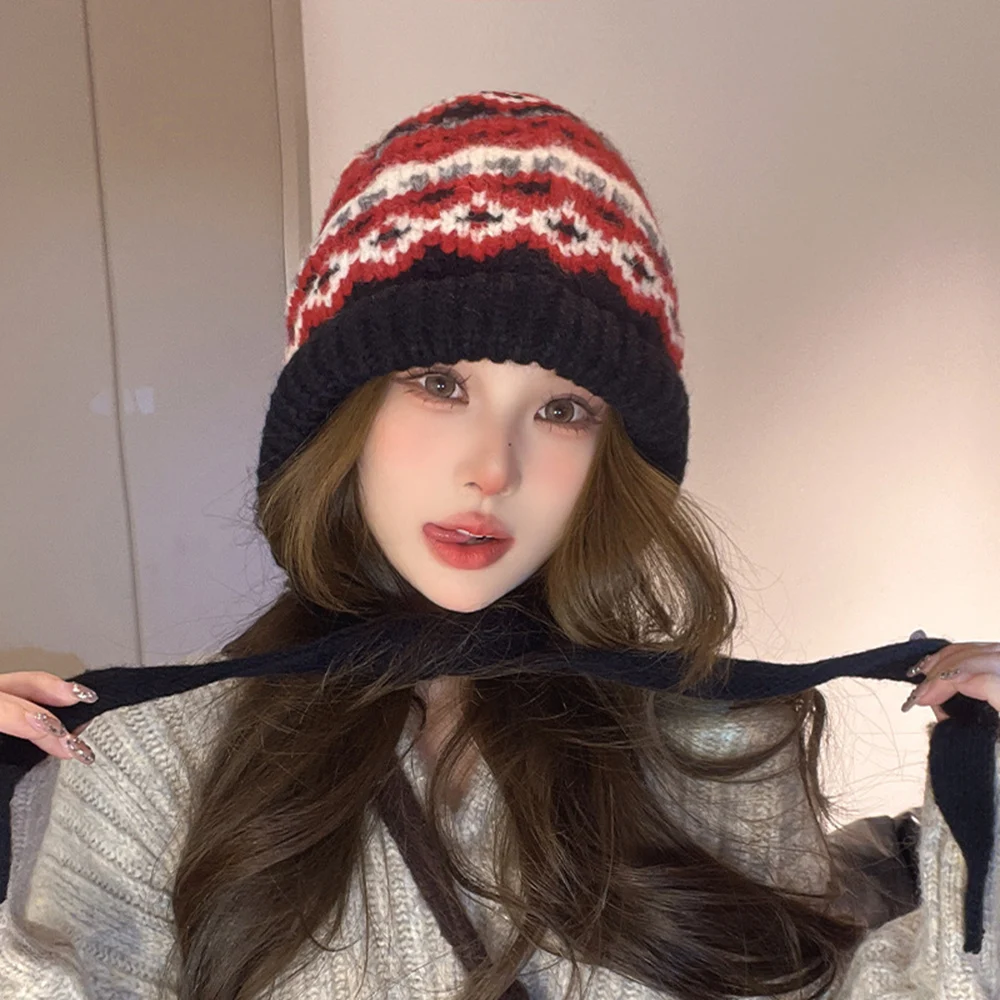 Women Ethnic Style Striped Spliced Knitted Woolen Hat for Autumn and Winter Thickened Warm and Cold Resistant Ear Protection