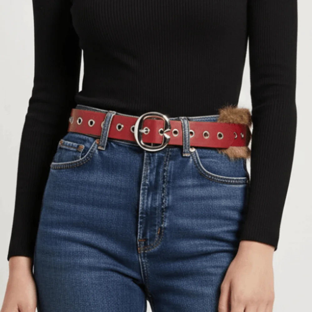 Personality Wide Leather Fur Belt Western Style Metal Buckle Punk Style Belt Jeans Decor Retro Plush Belt Women