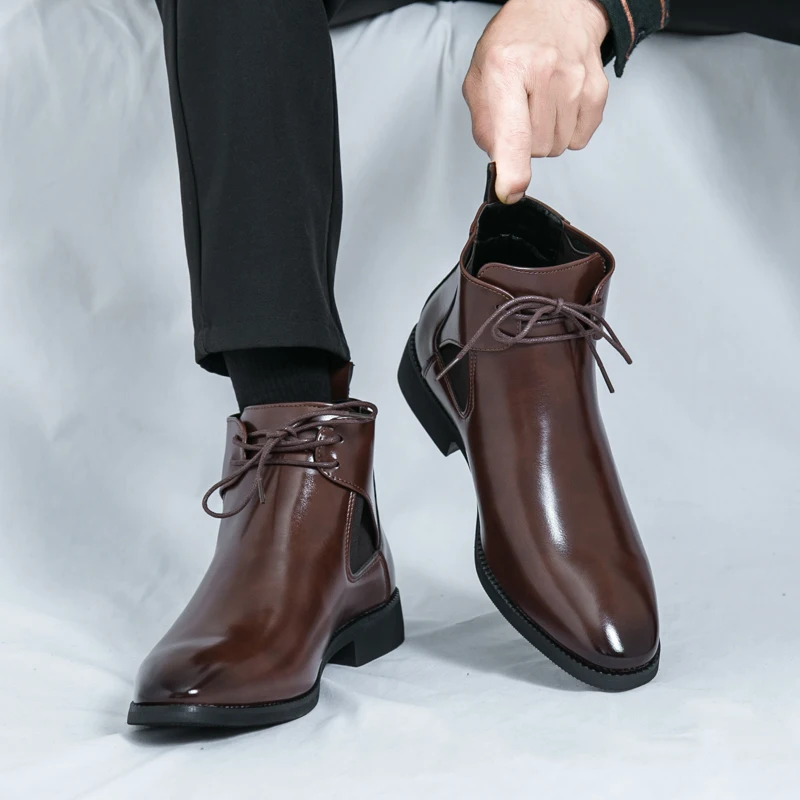 Men High Top Boots PU Solid Color Low Heel Comfortable Classic Business Men Boots Size 38-46