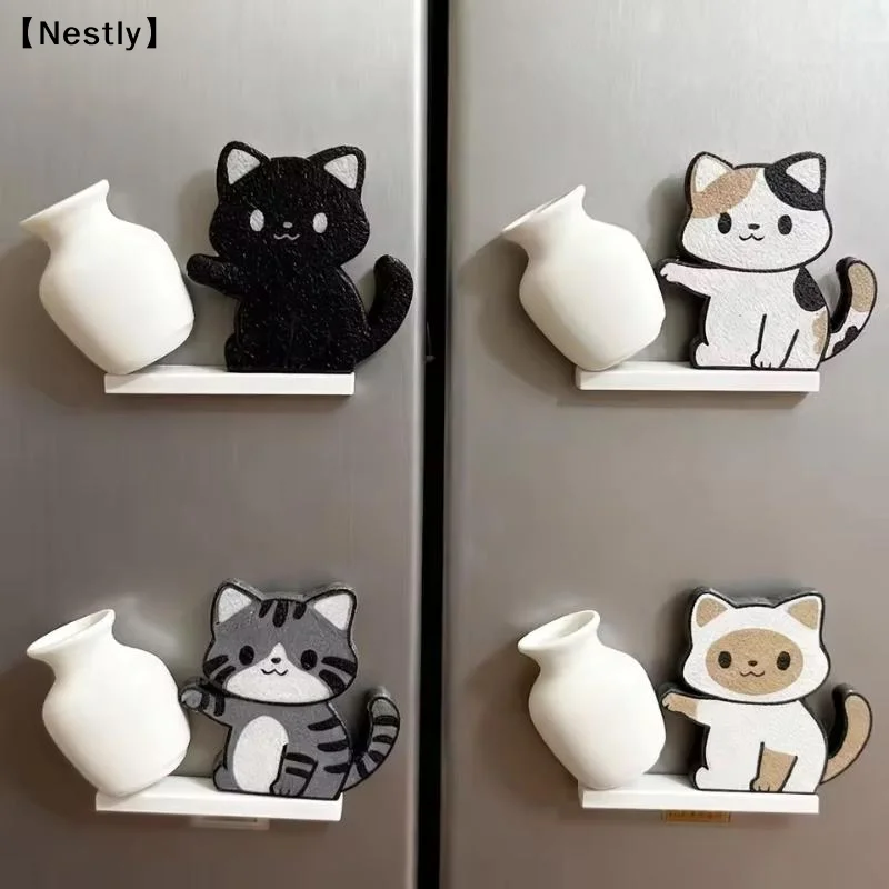 Cat Pushing Vase Refrigerator Magnets Home Decor Fridge Magnet Cat Whisker Collection Memorial Box Home Office Decor〔Nest〕