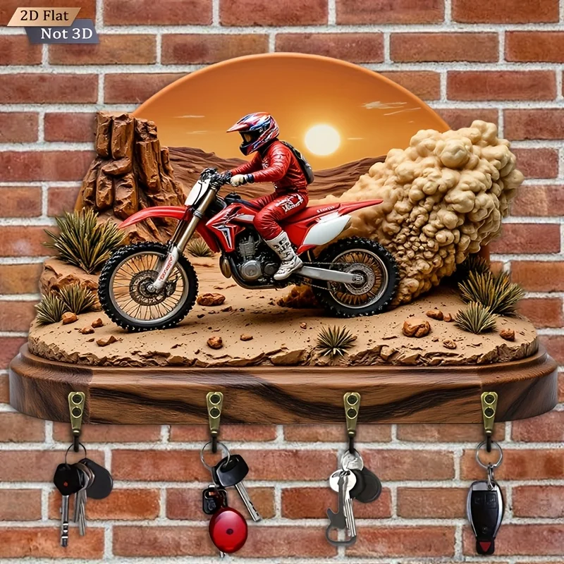 2D Flat. 1pc. Desert Motorcycle Key Hook - Wooden Multi-Functional Decorative Holder with Four Metal Hooks, Wall Décor for Room
