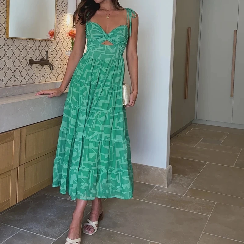 

Summer New Hollow Out Beach Party Dress Elegant Backless Women's Evening Dresses Fashion Contrast Color Sleeveless Halter Dress