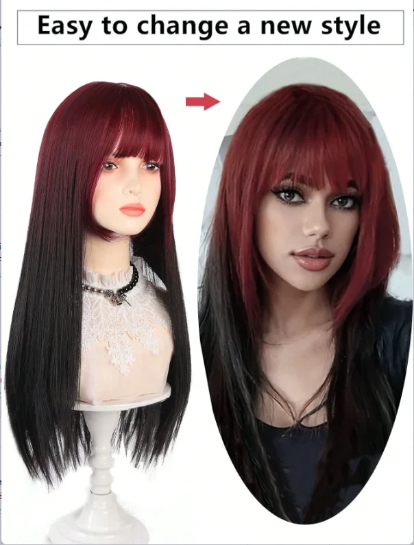 Women Long Straight Wig Wine Red to Black Ombre Wig with Bangs Hime Cut Synthetic Hair Wig for Cosplay Party Daily Wear