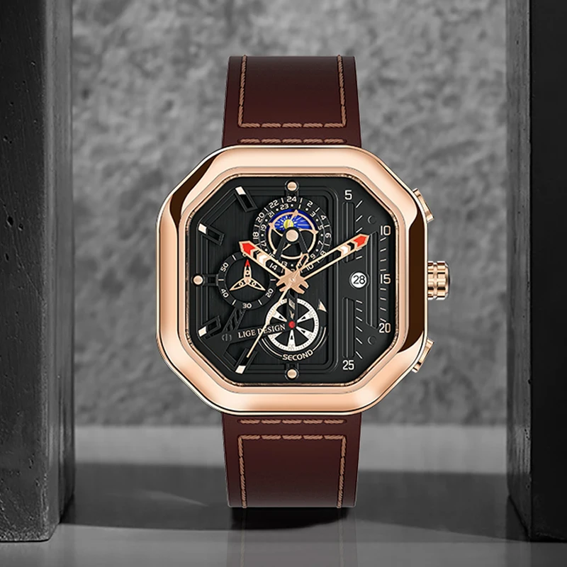 

LIGE Watch Men Luxury Mens Watches Square Sports Quartz Wristwatch Waterproof Chronograph Sports Watch for Men Relogio Masculino