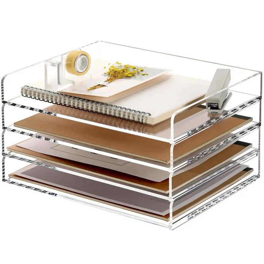 

4 Tier Clear Desk Paper Letter Organizer Trays, A4 Stackable File Document Tray, Acrylic Desk Organizers and Accessories Sorter,