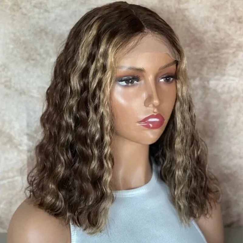 Short Water Curly Wave Lace Front  Hair Wigs Brown Blonde Highlight Wigs