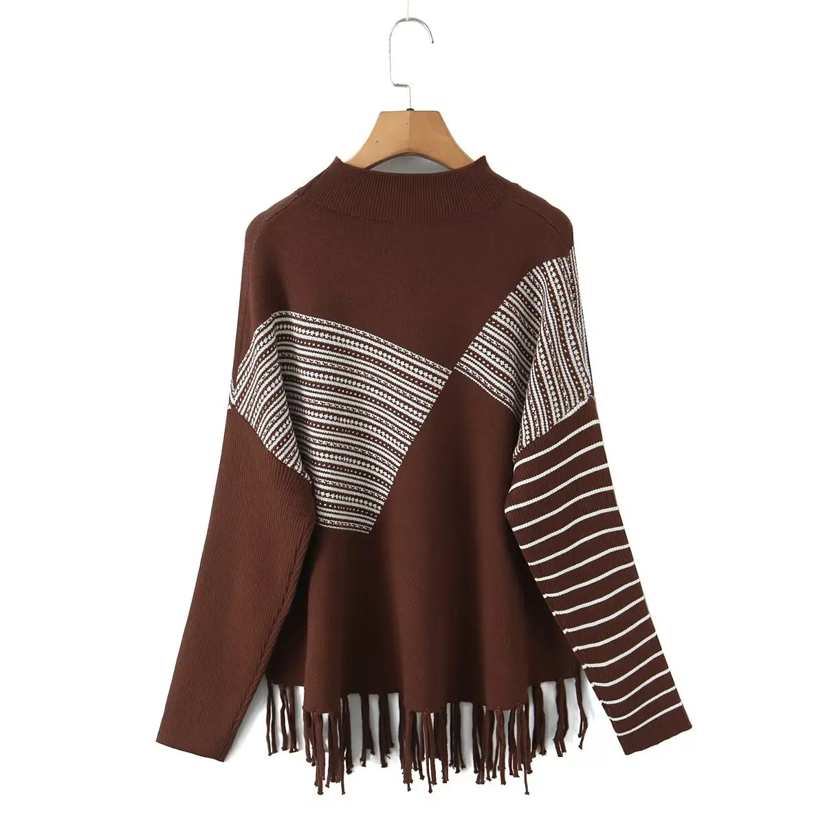 JNLEAOG Spring New Women's Faion Design Slant Stripe Embroidery Tassel Sweater Crew Ne Long Sve Regular Fit Linen Blend
