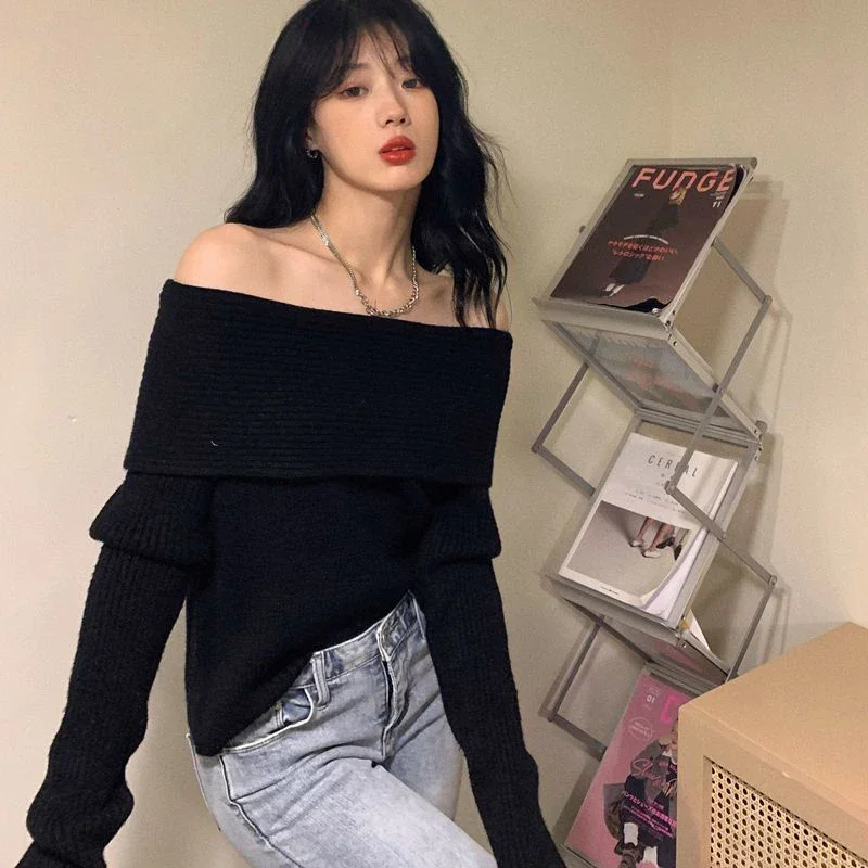 Lucyever Sweater rajut leher Slash, atasan jumper ramping tebal elegan Korea lengan panjang bahu terbuka seksi untuk wanita