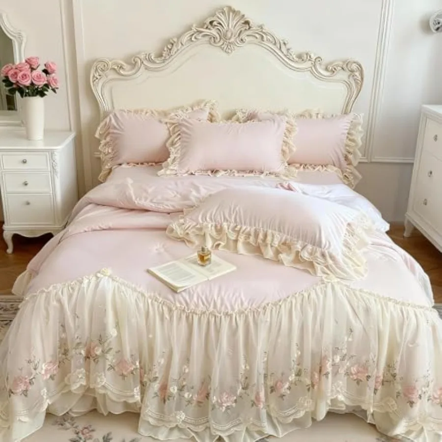 French Chic Bedding Set 4-Piece - Romantic Lace Trim Washed Cotton Duvet Cover with Bed Skirt and Pillowcases for Queen Bed Pri