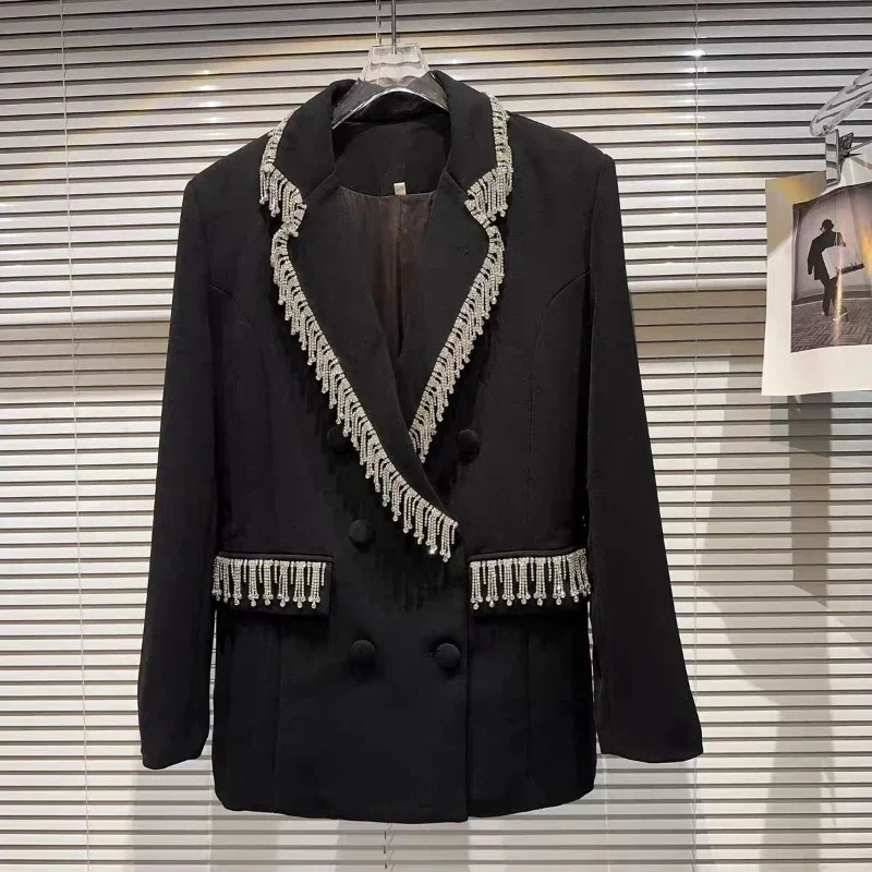 Luxury Women Diamonds Beaded Fringed Suits Jacket OL Rhinestones Tassels Blazers Coat Turn Down Collar Crystal Cardigan Topss